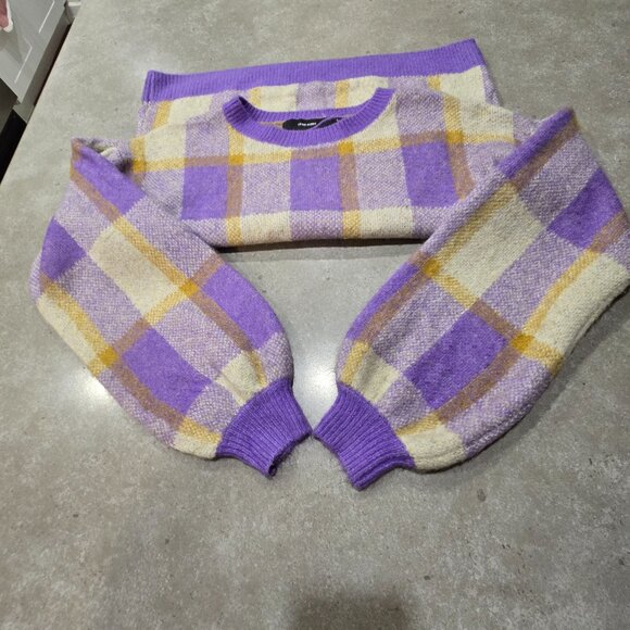 VERO MODA Women’s Plaid Puff Long Sleeves Sweater Lilac/Gold/Cream - Sze Medium - Picture 2 of 11
